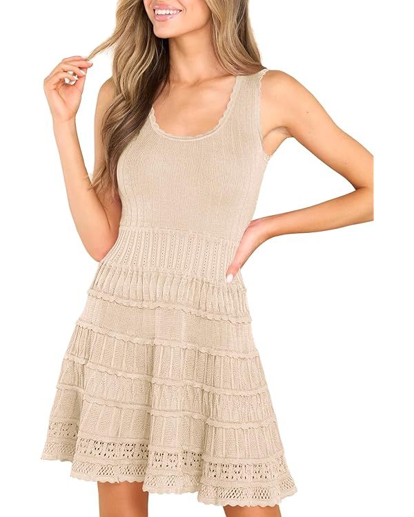 Fisoew Womens Summer Mini Dresses Casual Crewneck Knitted Crochet Hem Flowy Tank Sundress | Amazon (US)