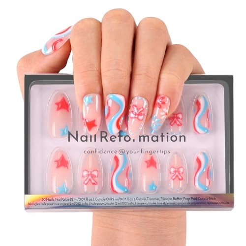 Nail Reformation Press On Nails, Red White & Blue Swirl Medium Almond Fake Nails with 3D Stars & Bows in Glossy Finish, Reusable Stick On Nails in 15 Sizes - 30 False Nail Kit, Gifts for Women | Amazon (US)