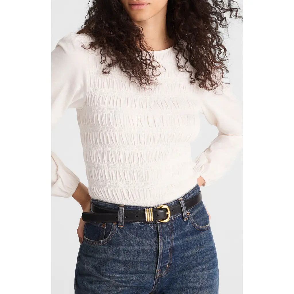 Madewell Smocked Boat Neck Long Sleeve Cotton Top in Vintage Ivory at Nordstrom, Size Medium | Nordstrom