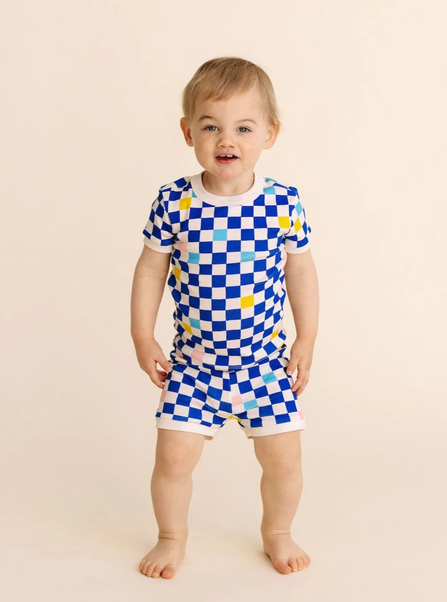 Organic Cotton Short Set Pajamas in Cobalt Checker | La Paloma