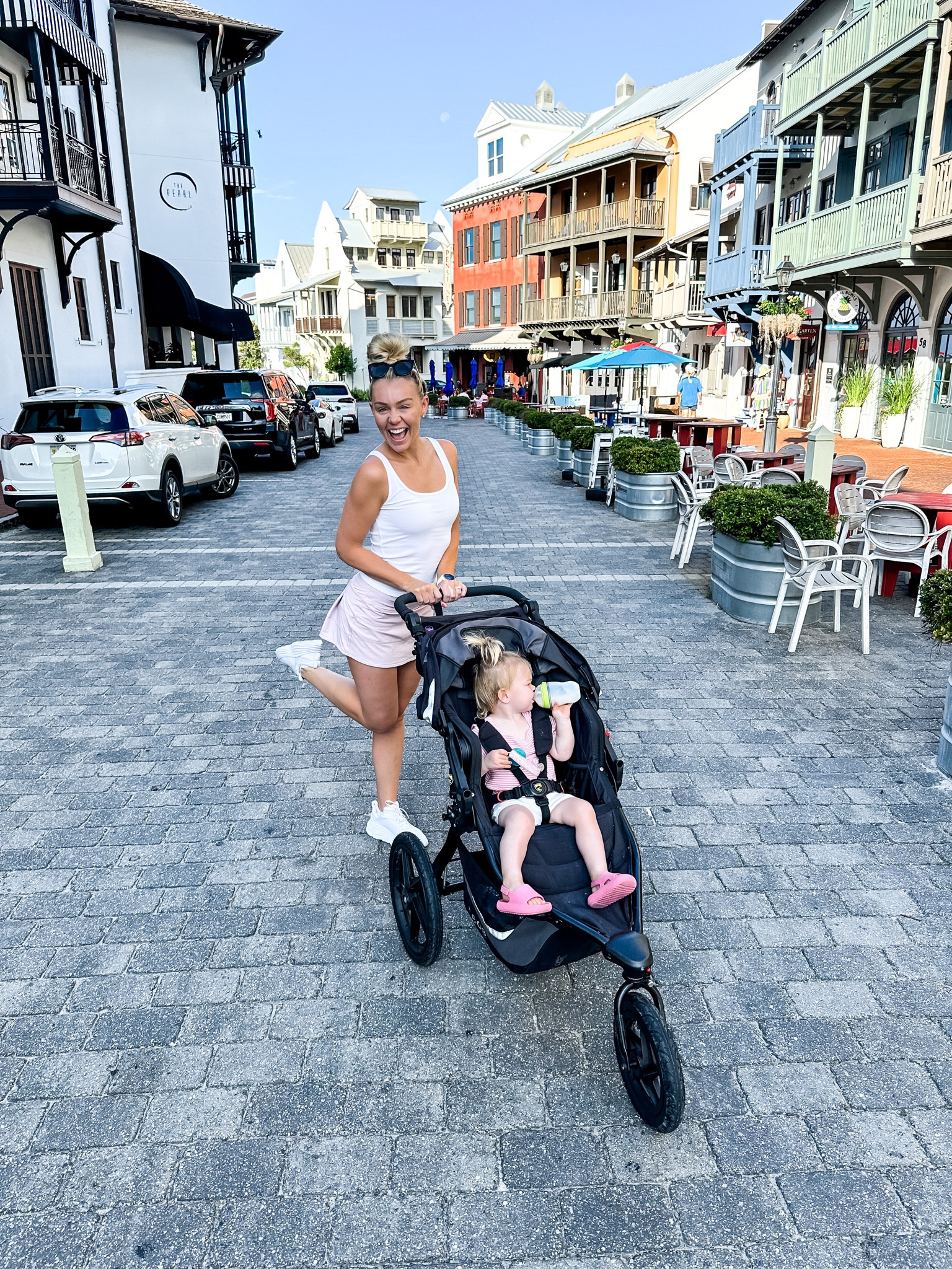 Not an outfit I would run in but super comfy and cute athleisure to walk to coffee in! Also SUPER popular skirt in 30A- def a stable item for the southern girls. 