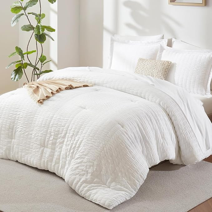 CozyLux Queen Comforter Set White Seersucker 7 Pieces Bed in a Bag Queen Comforter Set with Sheet... | Amazon (US)