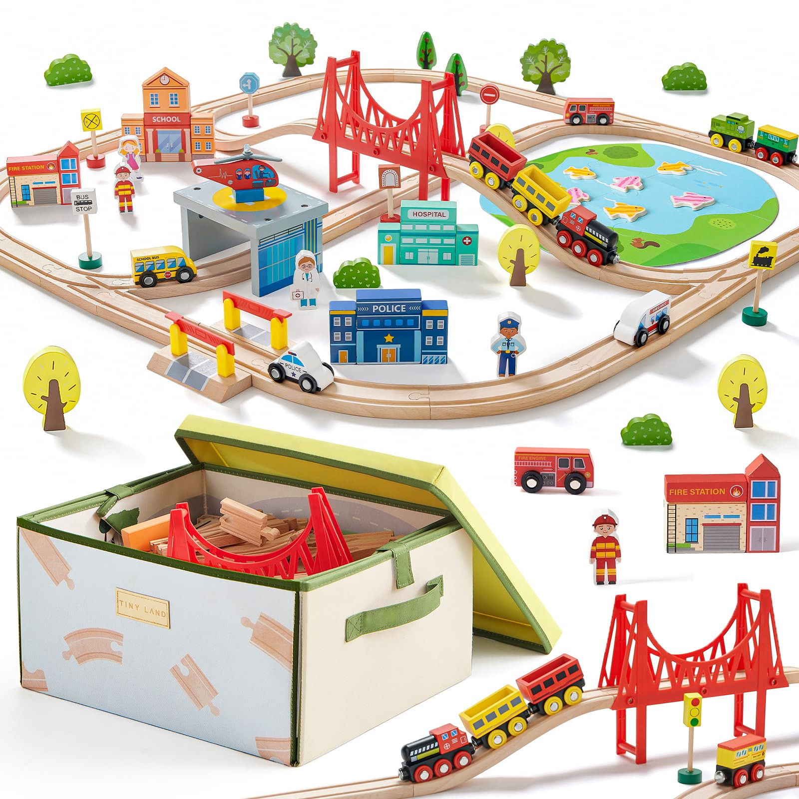 Tiny Land 110pcs Wooden Train Set with Folding Storage Box, Wooden Train Track Toy for Boys & Gir... | Amazon (US)