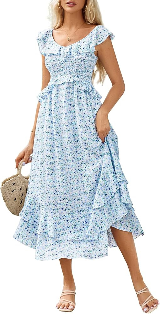 GRACE KARIN Women's 2024 Summer Casual Flowy Floral Sleeveless Dress Ruffle V Neck Layered Long B... | Amazon (US)