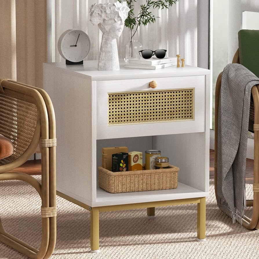 Ecoprsio Modern Boho Rattan Nightstand with Drawer, White, 1 Set | Amazon (US)