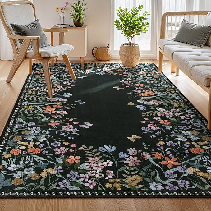 Wonnitar Washable 5x7 Rug, Black Botanical Area Rugs for Living Room, Non-Slip Soft Rug for Bedro... | Amazon (US)