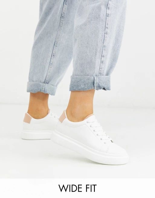 ASOS DESIGN Wide Fit Doro chunky lace up sneakers in white and beige | ASOS (Global)