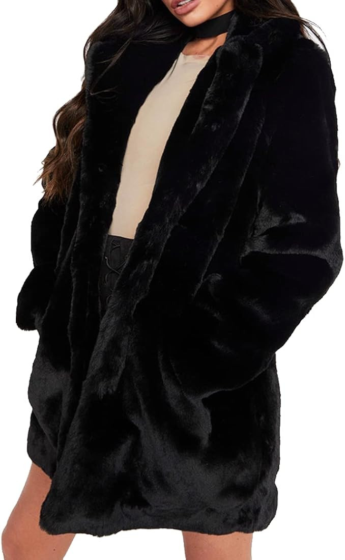 Womens Winter Warm Lapel Faux Fur Fuzzy Coat Jacket Overcoat | Amazon (US)
