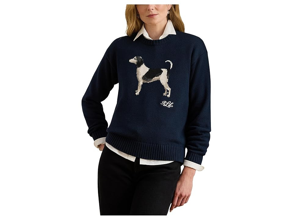 Lauren Ralph Lauren Intarsia-Knit Dog Cotton Sweater Women's Sweater Lauren Navy : MD | Zappos
