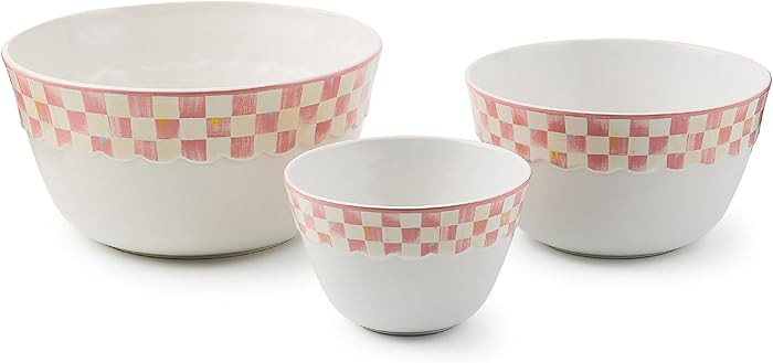 MACKENZIE-CHILDS Set of 3 Everyday Mixing Bowls, Small, Medium, and Large Stoneware Bowls for Kitchen Use, Pink-and-White Rosy Check | Amazon (US)