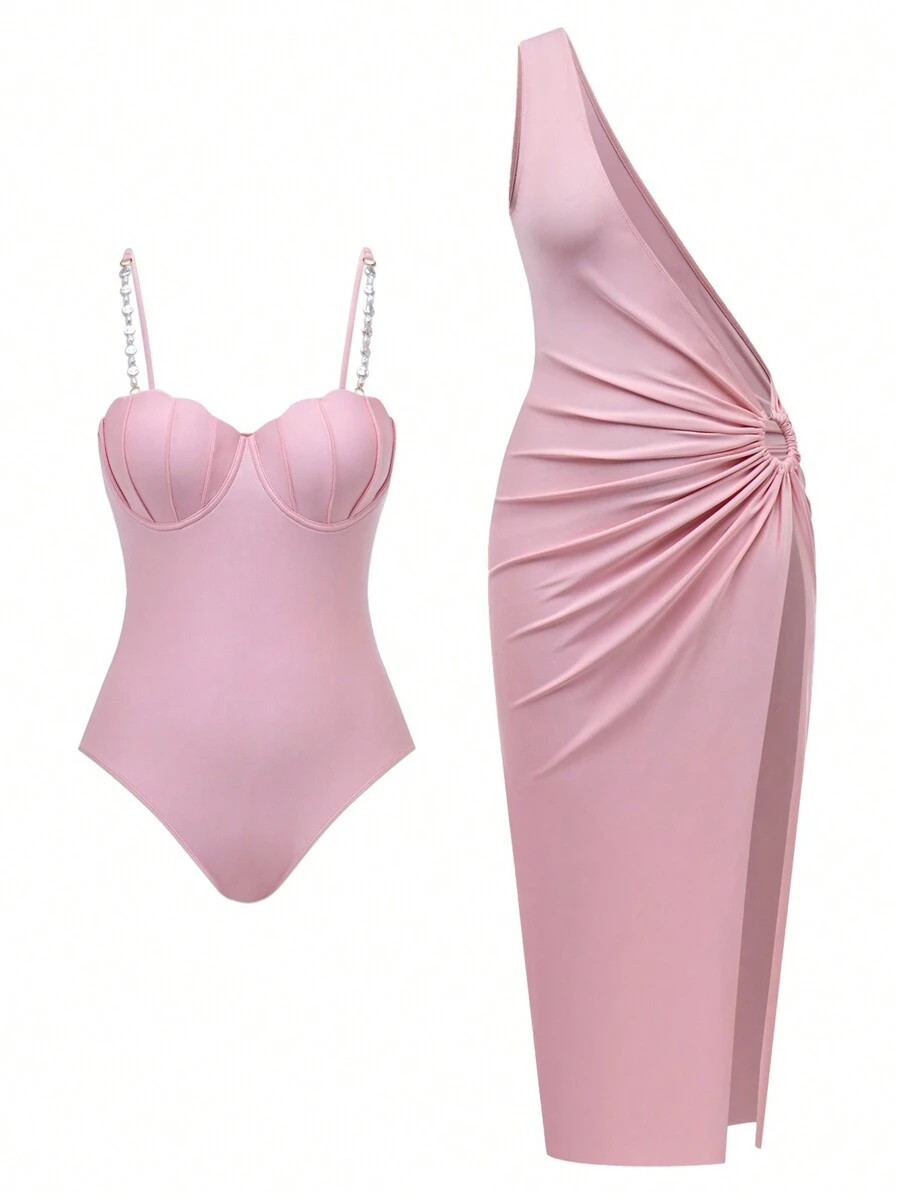 SHEIN Swim Oasis 2pcs/Set Women Solid Color Seashell Decorated Adjustable Strap Push Up Padded Mo... | SHEIN