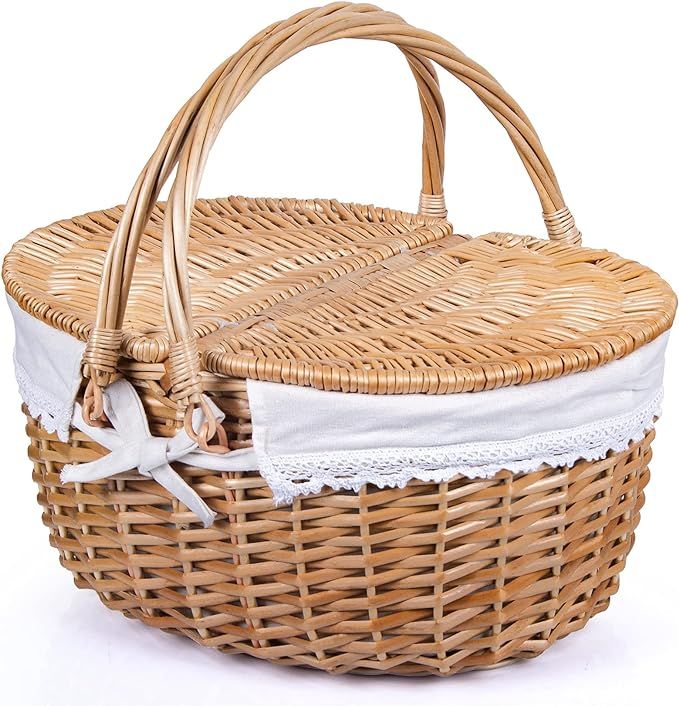 Wicker Picnic Basket with Lid and Handle Sturdy Woven Body with Washable Lining | Amazon (US)
