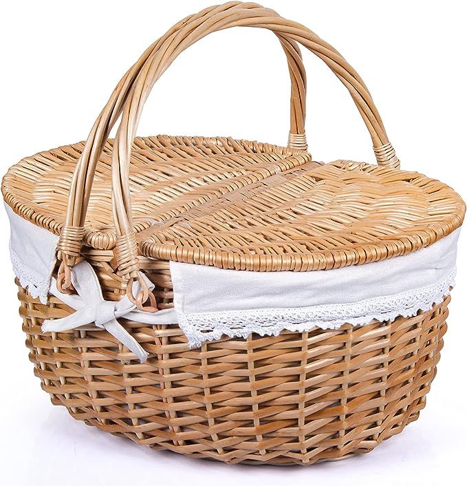 Wicker Picnic Basket with Lid and Handle Sturdy Woven Body with Washable Lining | Amazon (US)