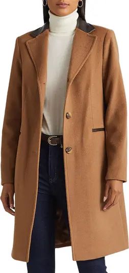 Lauren Ralph Lauren Faux Leather Trim Wool Blend Longline Coat | Nordstrom | Nordstrom
