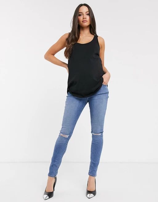 ASOS DESIGN Maternity high rise ridley 'skinny' jeans with rips in mid stonewash | ASOS (Global)