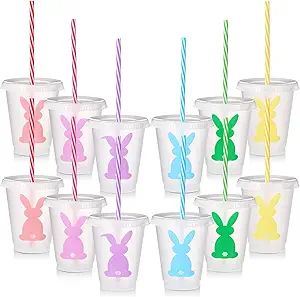 12 Pcs Easter Plastic Cups with Lids and Straws 16 oz Easter Bunny Rabbit Cups Bulk Reusable Tea ... | Amazon (US)