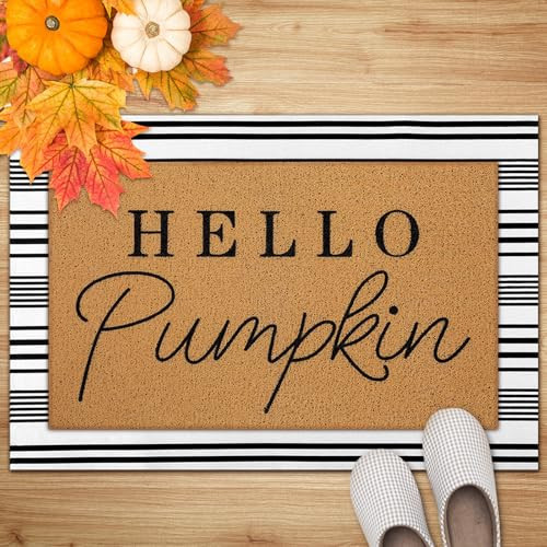 Tinideya 2 Pcs Fall Door Mat Hello Pumpkin Welcome Non Slip Coir Mats Thanksgiving Black White Stripe Harvest Floor Layering Doormats Seasonal for Front Porch Entryway Decor(Hello Pumpkin) | Amazon (US)