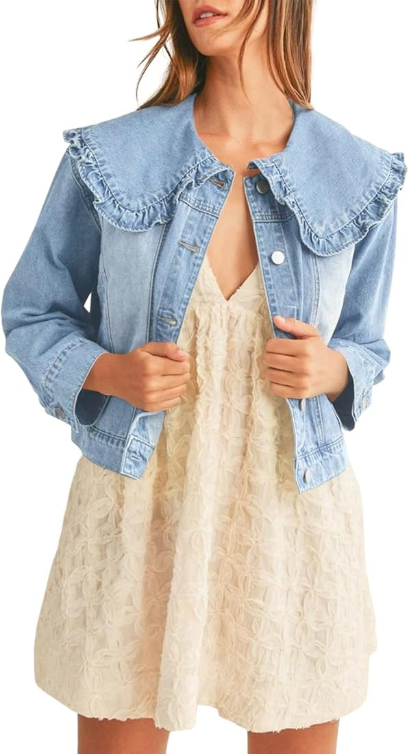 Takaneo Womens Jean Jackets Casual Long Sleeve Peter Pan Collar Loose Fit Denim Shirts Coat with ... | Amazon (US)