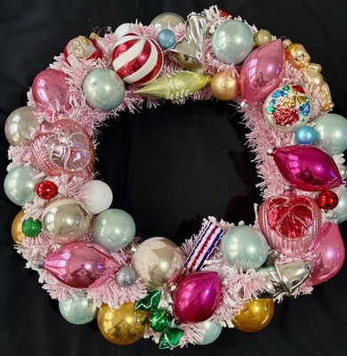 Vtg Christmas Wreath Flocked PINK BOTTLEBRUSH Mercury Glass Ornament Shiny Brite | eBay US