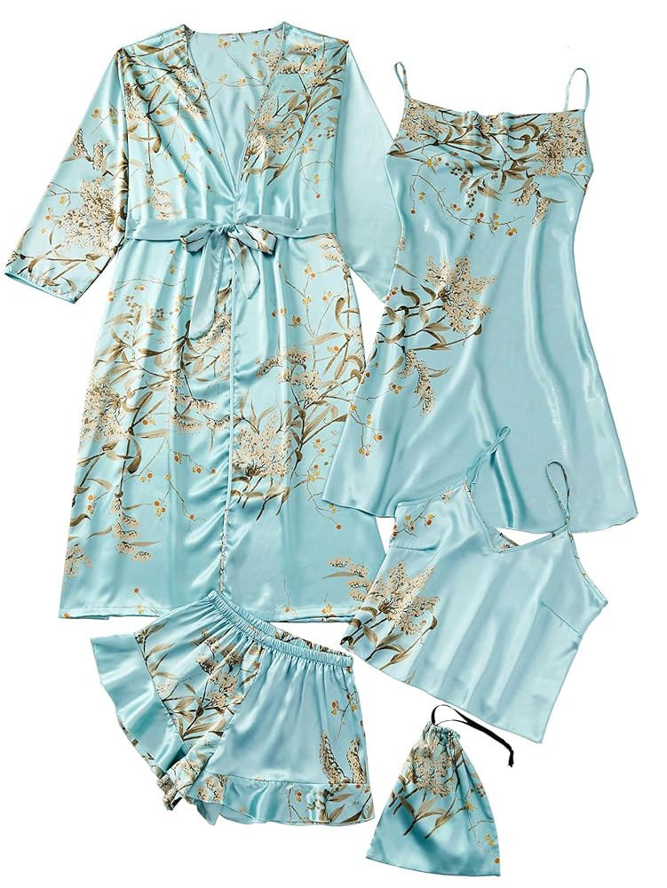 Women's 4pcs Sleepwear Satin Silk Floral Cami with Shorts Cowl Neck Dress Pj Set with Robe | Amazon (US)
