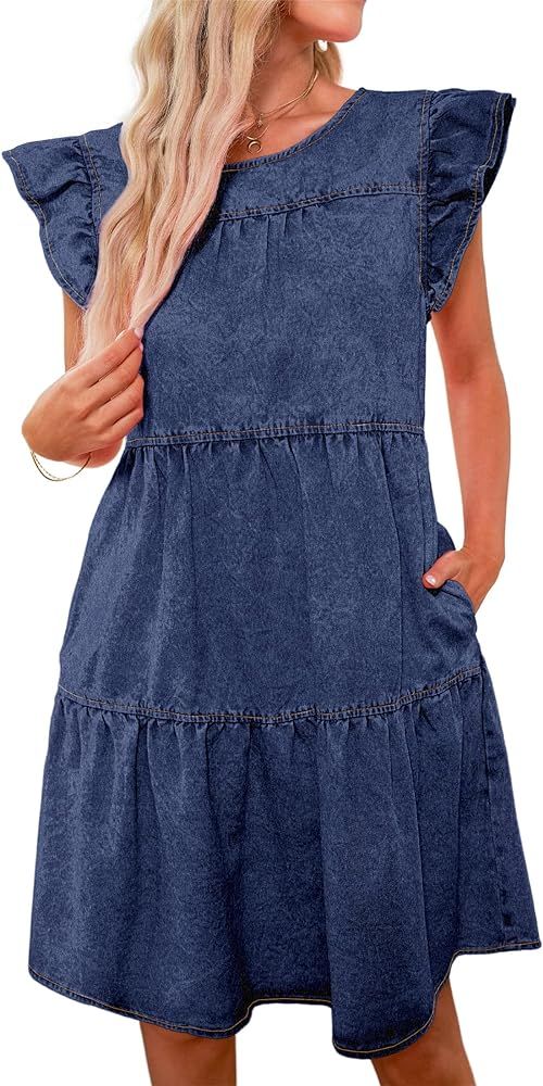 luvamia 2024 Denim Dress for Women Summer Babydoll Sleeveless Ruffle Sleeve Mini Dresses Loose Fl... | Amazon (US)