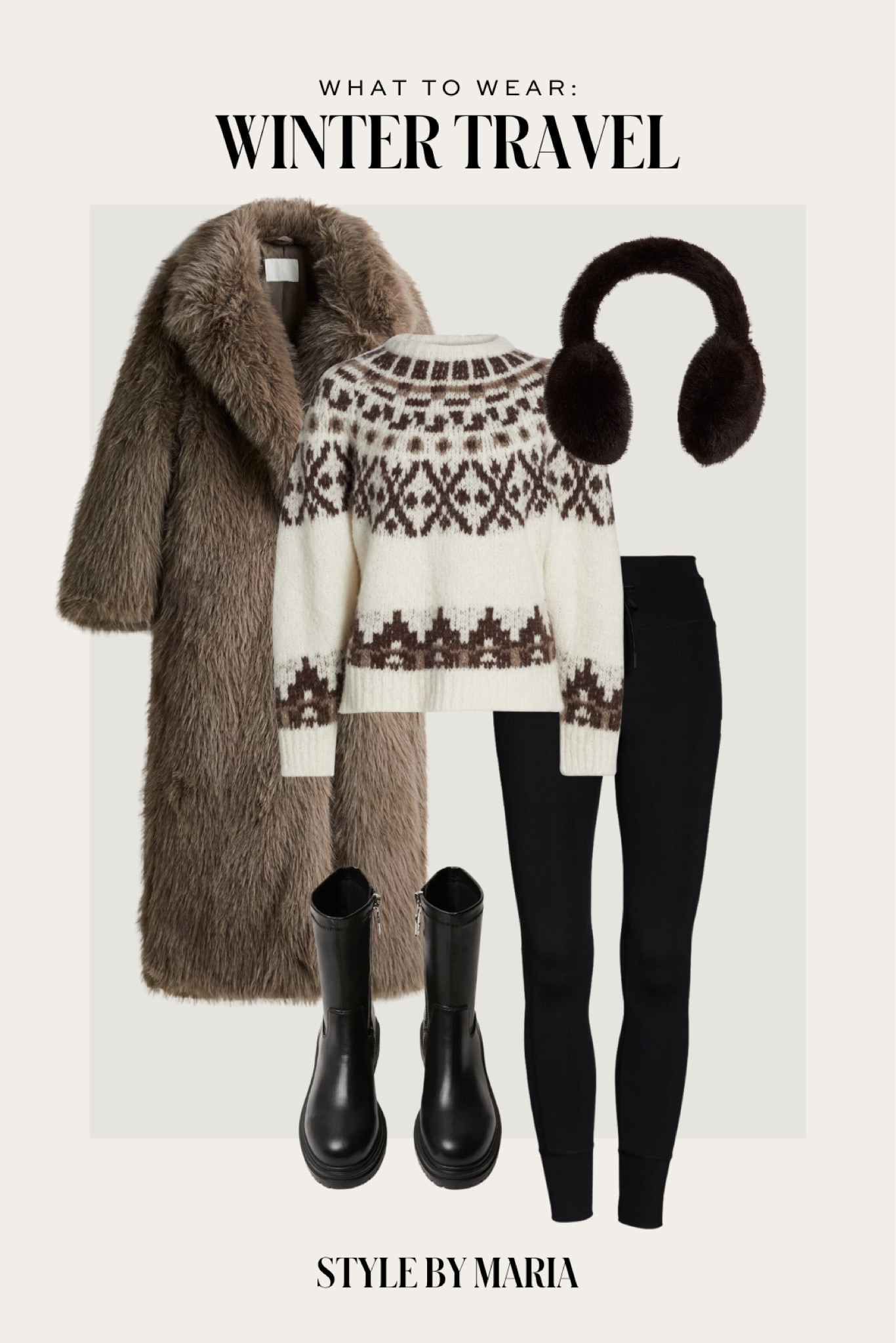Winter travel outfit / apres ski / ski outfit
H&M faux fur coat
Fair isle sweater
Vuori legging
Lug sole boots
Faux fur ear muffs 

#LTKSeasonal #LTKSaleAlert #LTKTravel
