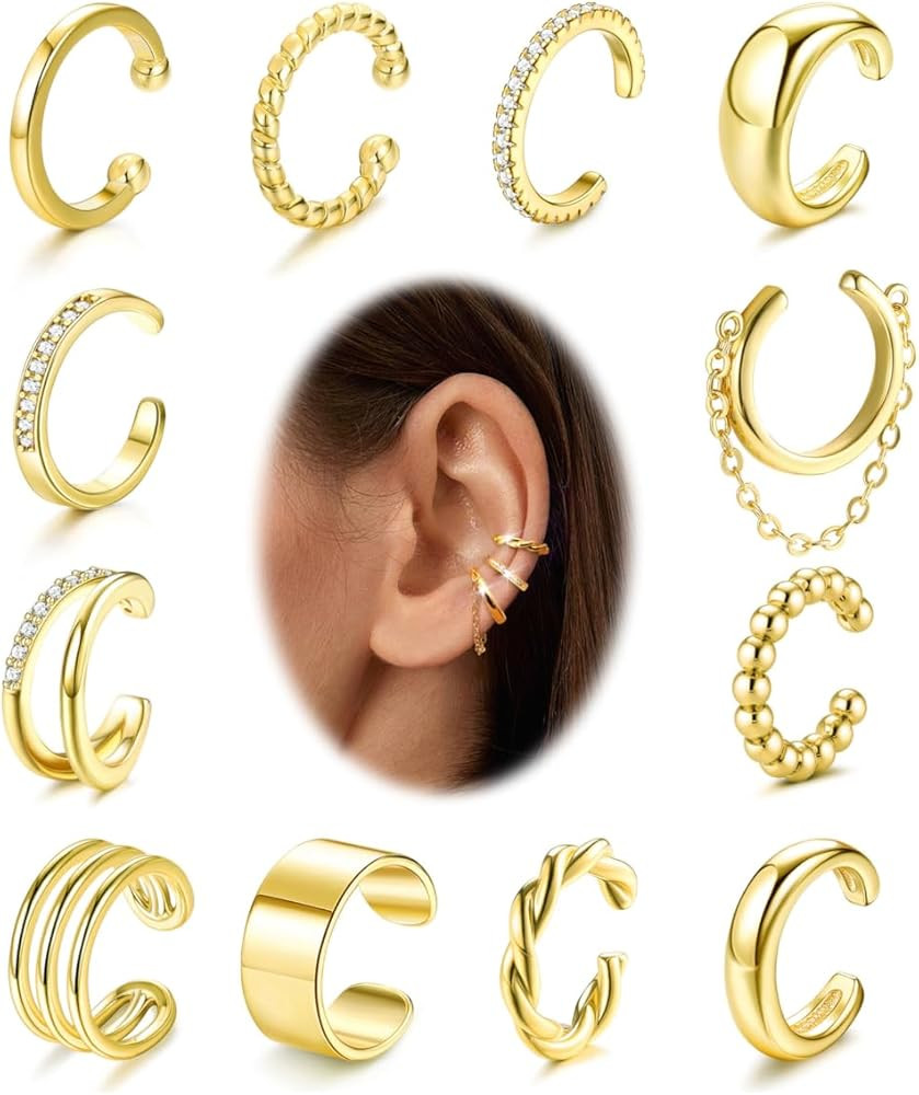 FUNRUN JEWELRY 12 Pcs Ear Cuffs Non Piercing for Women 14K Gold Plated Adjustable Cuff Earrings N... | Amazon (US)