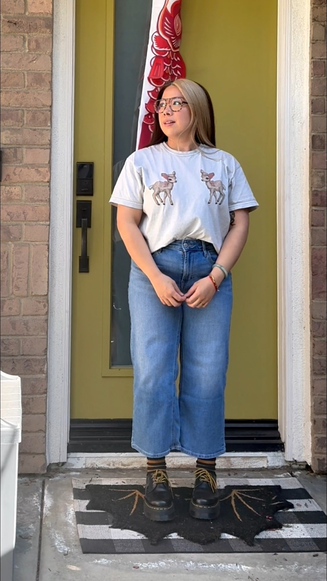 What I wore to get my hair retouched and cut today! Honestly for me the socks were the outfit. 🧦 ✨ I badly wanted to wear a sweater and polo with these socks but it’s 80 degrees in SoCal today, definitely not happening. 🌞 

Shirt: @dressed in lala 
jeans: @Old Navy 
Socks: @Amazon 
Shoes: @Dr. Martens
Glasses: @fytoo eyeglasses 
Glasses code: ezra20

#stripedsocks #drmartens #outfitideas #jeans #tshirt

#LTKPetite #LTKMidsize #LTKootd