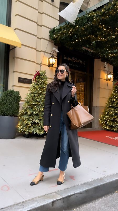 Kat Jamieson wears a black coat and denim jeans with Chanel slingback pumps in NYC. Fall outfit, winter outfit, Christmas style, holidays. 

#LTKHoliday #LTKitbag #LTKSeasonal