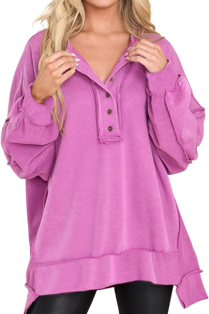 Women's Oversized Sweatshirt Casual Long Sleeve Button Shirts Henley Neck Fleece Pullover Y2K Tun... | Amazon (CA)