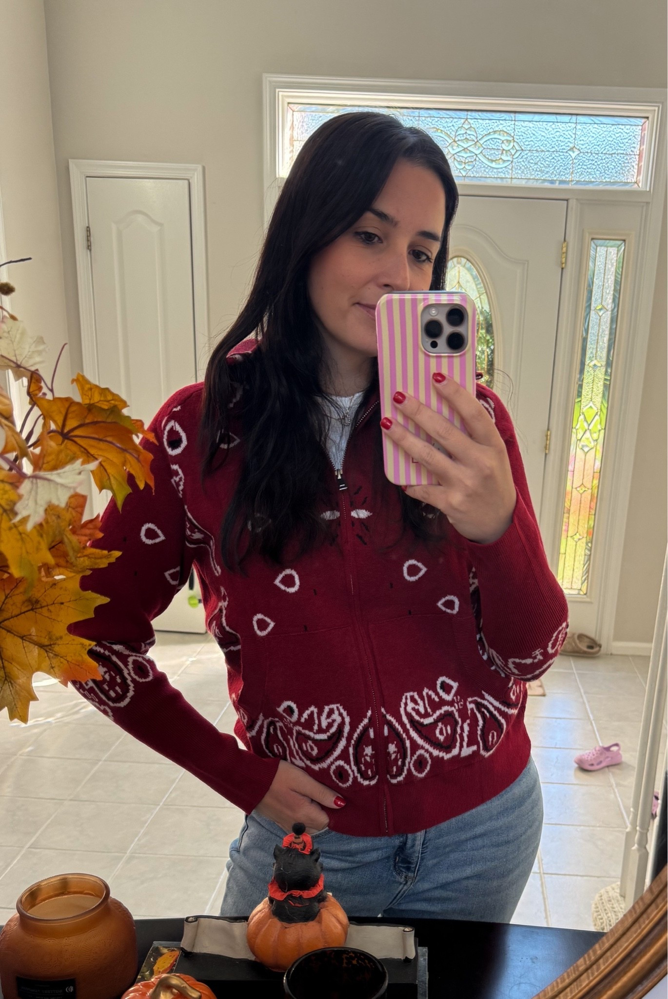 This red paisley zip-up sweater is such a cute fall layering piece ❤️ Pair it with jeans for an easy casual fall outfit, game day look, pumpkin patch outfit, or cozy everyday autumn style.

#LTKootd #LTKSeasonal