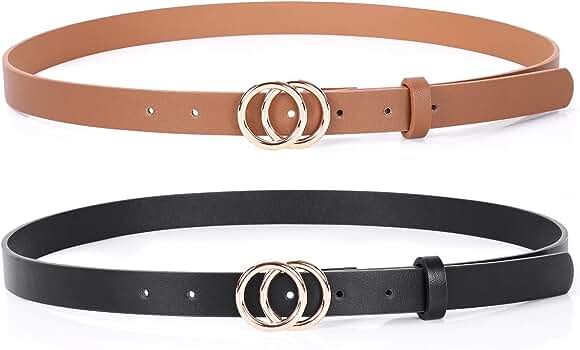 Double Ring Leather Belts for Women SANSTHS O-Style Gold Buckle Skinny Dress Belt 0.86 inch Width... | Amazon (US)