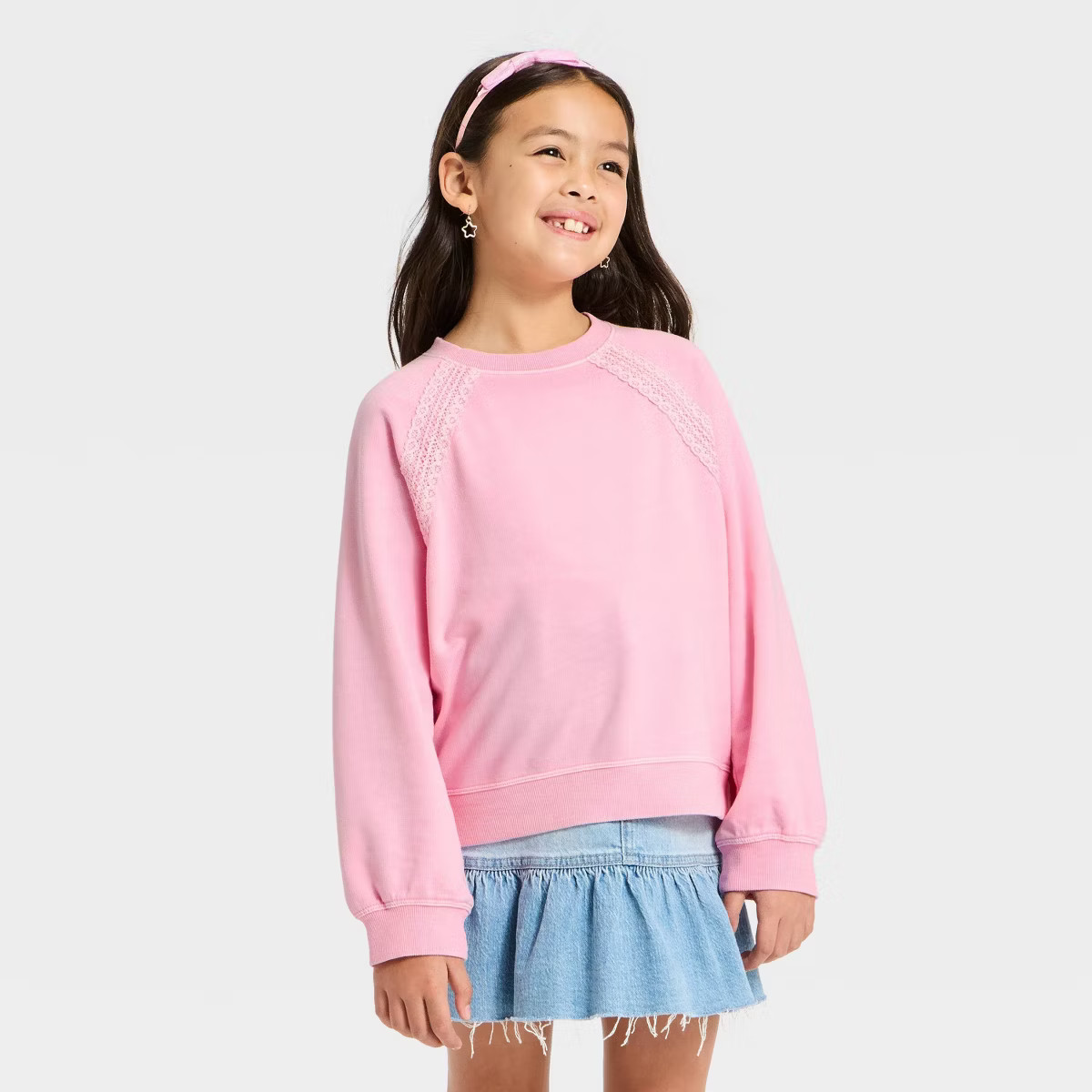 Girls' Lace Trim French Terry Pullover Sweatshirt - Cat & Jack™ | Target