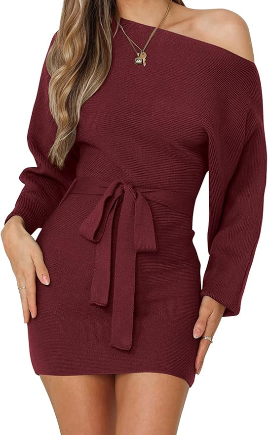 ZCSIA Women's Long Batwing Sleeve Boat Neck Off Shoulder Tie Waist Knitted Bodycon Mini Sweater D... | Amazon (US)