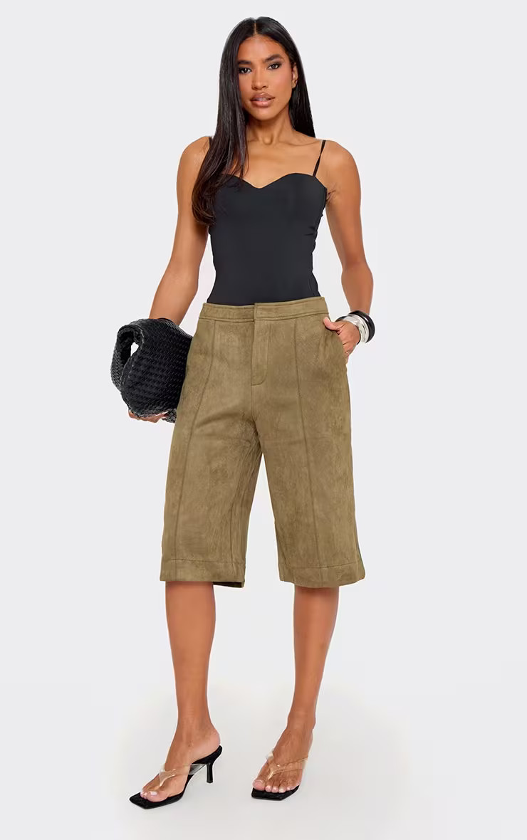 Mid Rise Tailored Jorts In Khaki Green Faux Suede | EGO Shoes (US & Canada)