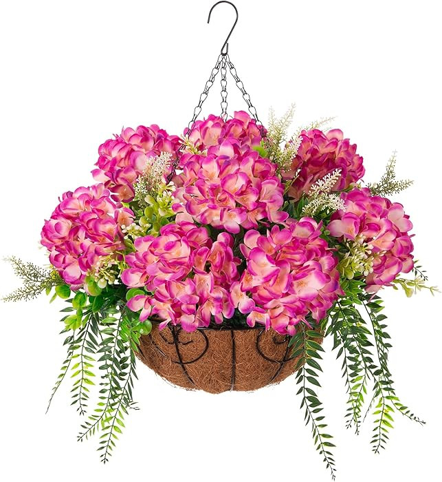 Ammyoo Artificial Hydrangea Flowers with Hanging Basket Planter for Spring Decoration, Fake Silk ... | Amazon (US)