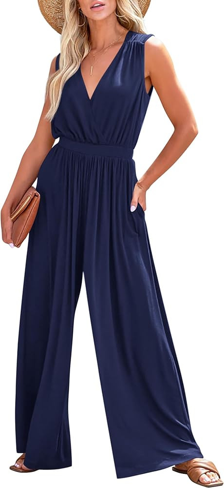 KIRUNDO Jumpsuits For Women Summer Dressy Casual One Piece Sleeveless Wrap V Neck Wide Leg Pants ... | Amazon (US)