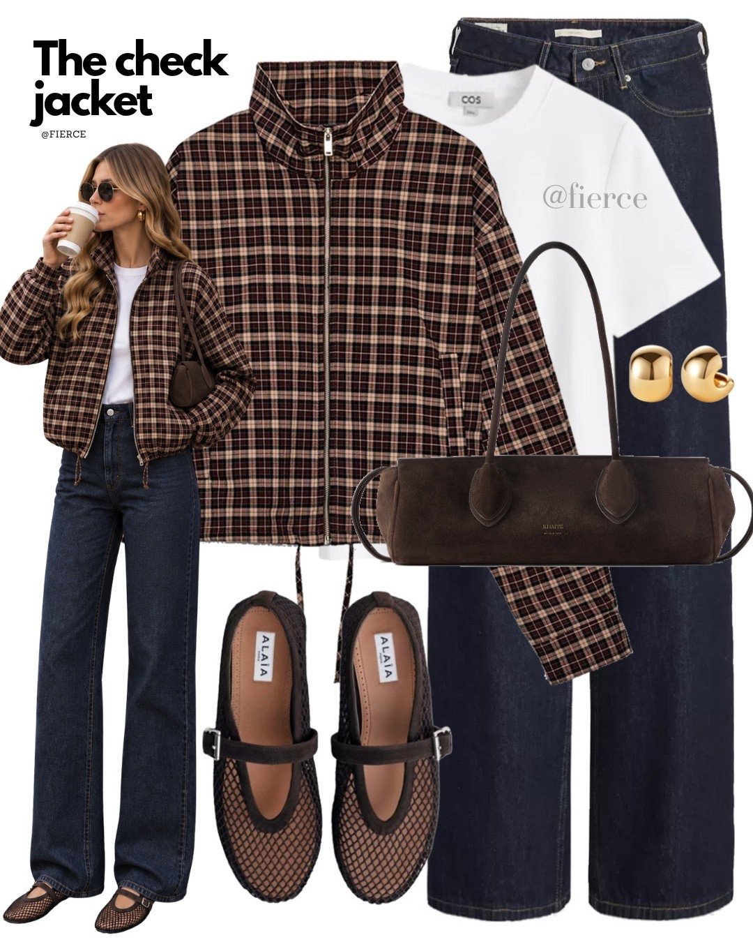 Check cropped jacket dark indigo wide leg jeans Alaia fishnet flats chocolate suede east west bag

#LTKuk #LTKautumn #LTKeurope