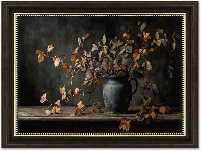 Dark Brown Framed Vintage Still Life Canvas Wall Art, Retro Moody Flower Vase Poster Artwork, Far... | Amazon (US)