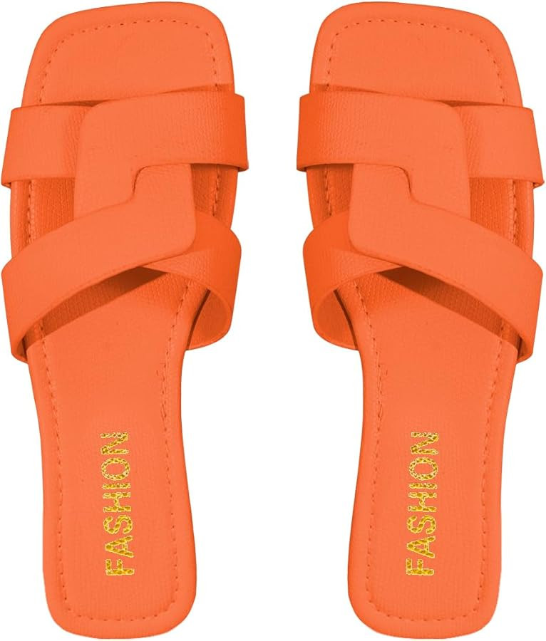 GORGLITTER Women's Crocodile Embossed Flat Sandals Cross Strappy Open Toe Slide Sandals | Amazon (US)