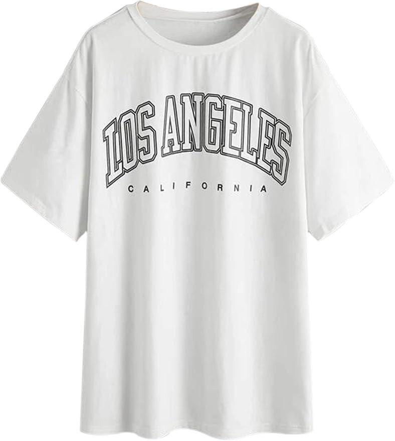 SAFRISIOR Women's Letter Graphic Print Oversize T Shirt Round Neck Drop Shoulder Longline Short S... | Amazon (US)