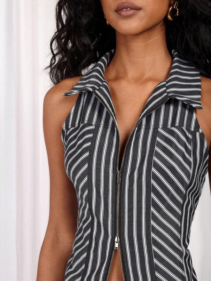COSMINA Women's Striped Sleeveless Zip-Up Vest, Simple Casual Everyday Wear | SHEIN