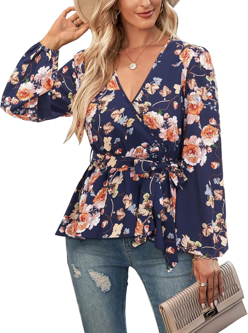 OUGES Women Long Sleeve Blouse V Neck Floral Tie Waist Wrap Peplum Tunic Tops | Amazon (US)