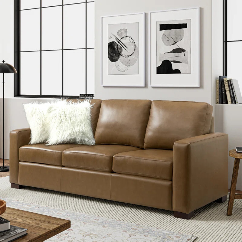 Latitude Run® Fournier 83.46'' Genuine Leather Square Arm Sofa with Pillows & Reviews | Wayfair | Wayfair North America