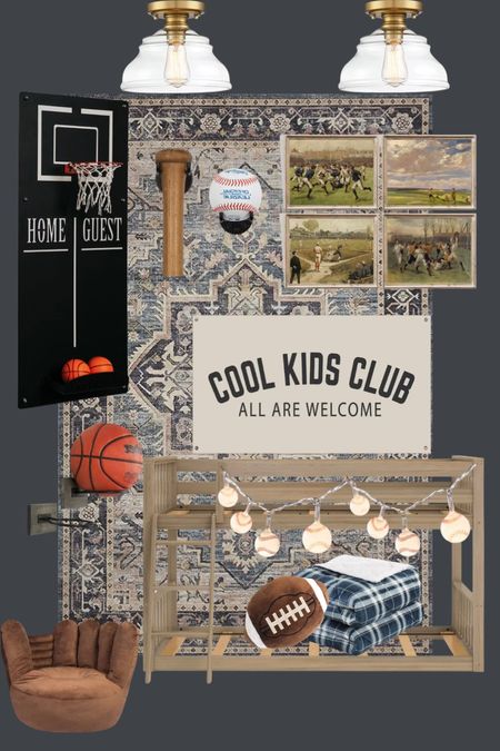 My boys are so excited for their new sport themed big boy room. I went with a vintage feel by incorporating some prints of old time sports and also on to thrift some older sport balls and equipment to display on the walls. I went with a moody color pallet but want to add in some light wood to keep it from feeling too dark. 

#LTKhome #LTKkids
