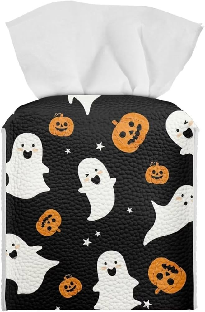 Halloween Pumpkin Ghost Tissue Box Holder Stylish Leather Square Tissue Box Cover with Metal Butt... | Amazon (US)
