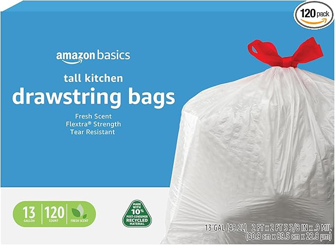 Amazon Basics 13 Gallon Tall Kitchen Drawstring Trash Bags, Flextra Strength, Clean Fresh Scent, ... | Amazon (US)