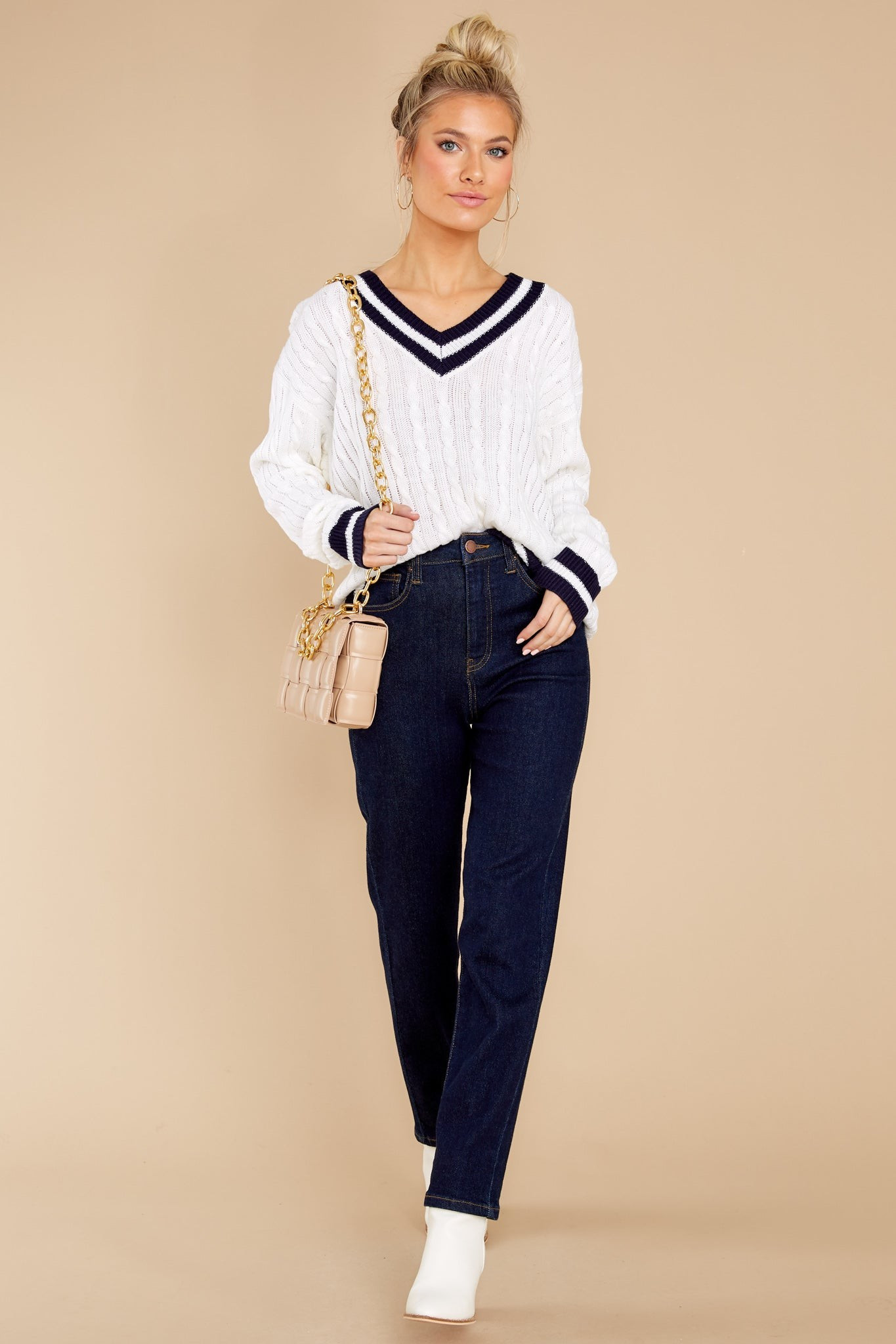 Simply Obsessed White And Navy Sweater | Red Dress 