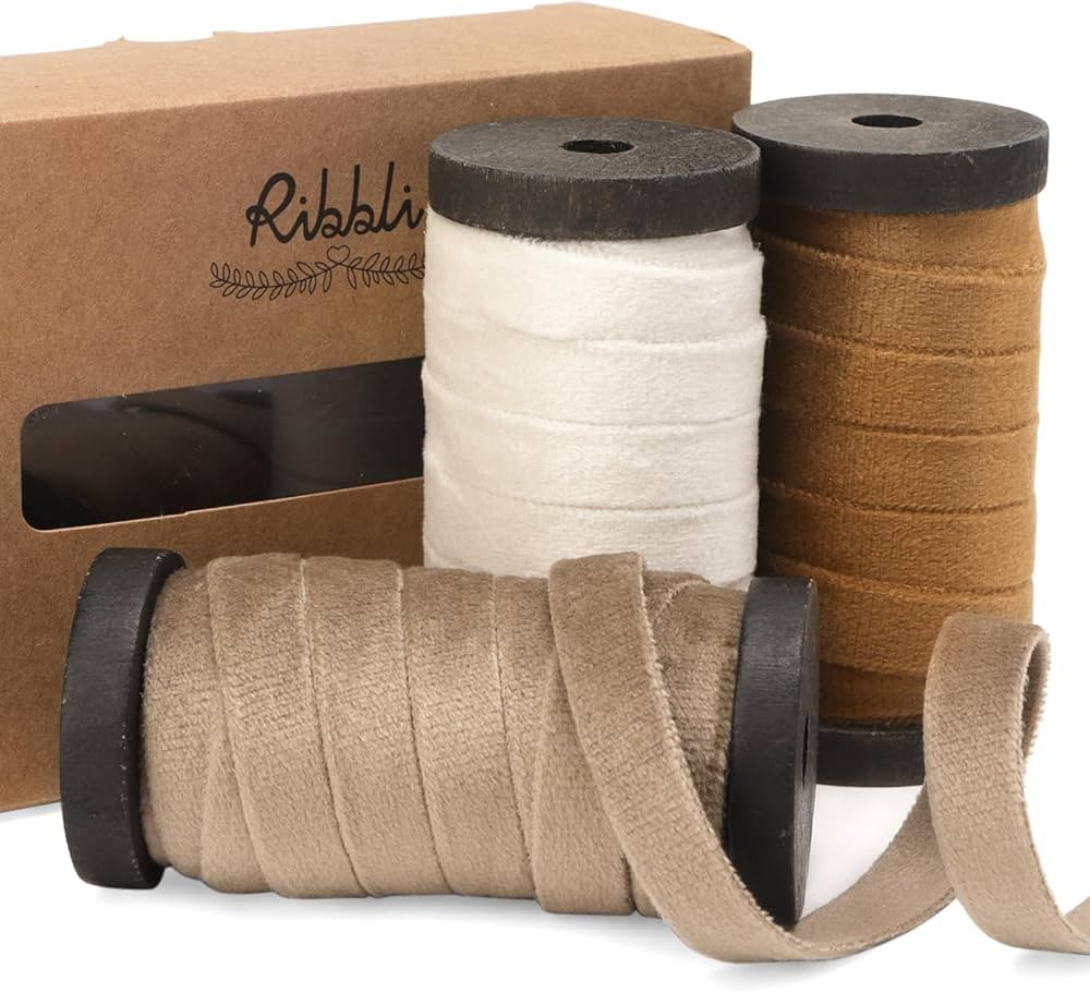 Ribbli Camel White Khaki Velvet Ribbon 3 Rolls Double Faced 3/8 Inch 18-Yard with Wooden Spool Us... | Amazon (US)
