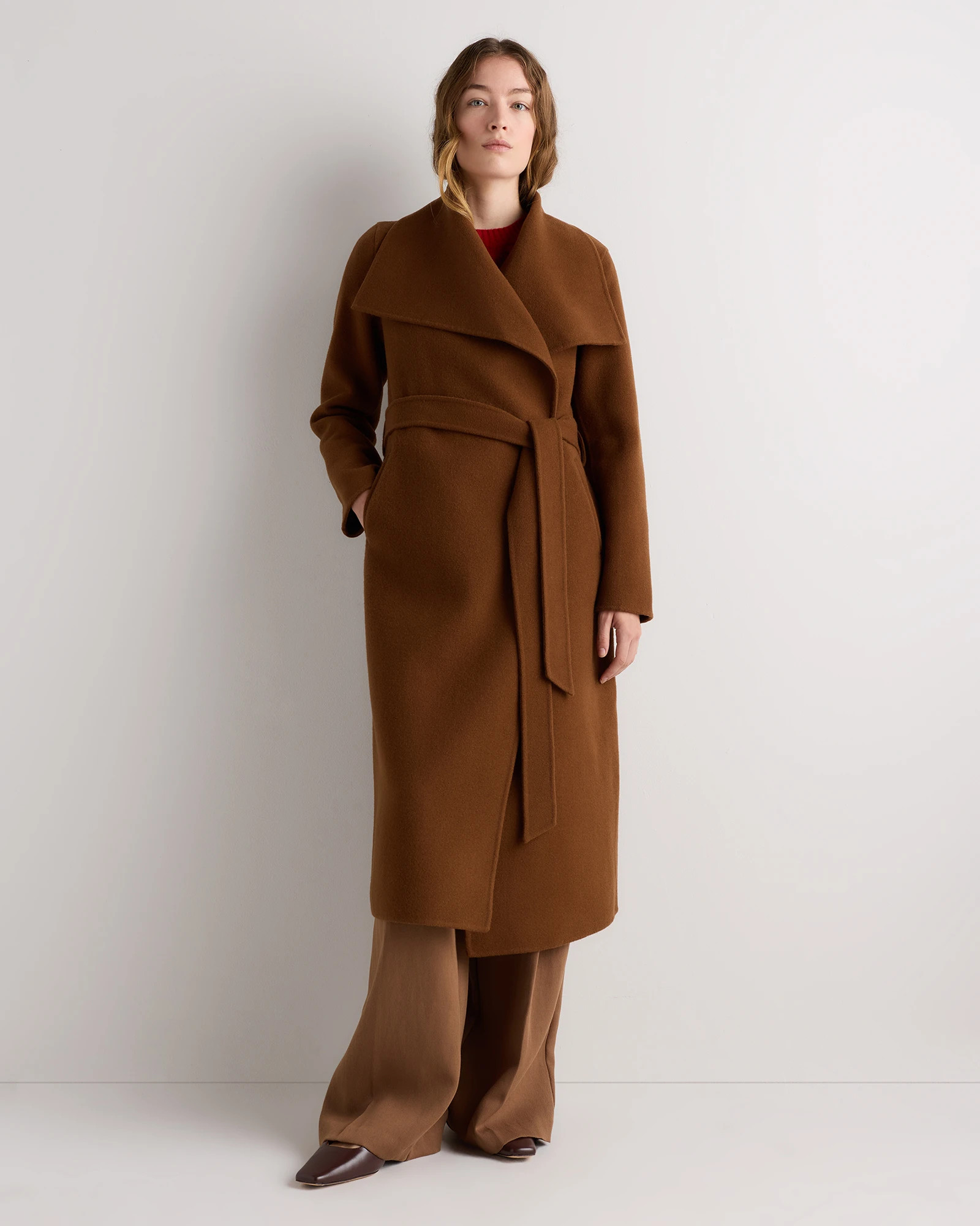 Quince | Women's Double-Faced Merino Wool Draped Collar Wrap Coat in Caramel, Size Large, Wool/Nylon | Quince